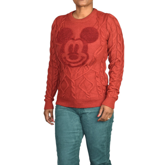 Disney Parks Mickey Mouse Cable Knit Sweater Red Pullover Textured Crew Neck XS - Picture 10 of 14